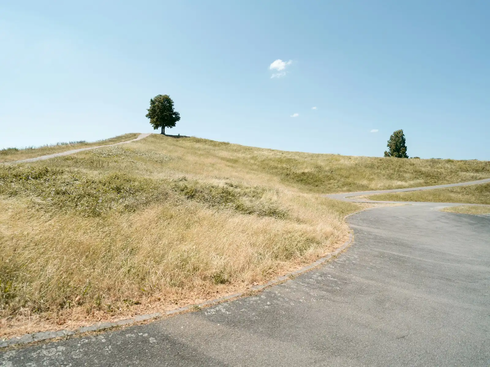 A paved road at the foot of a hill of dry grass, with a dirt track leading up it